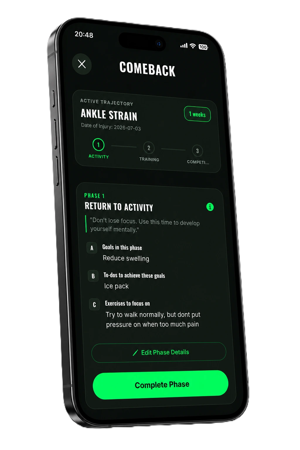 Comeback Blueprint with a phased return-to-activity plan