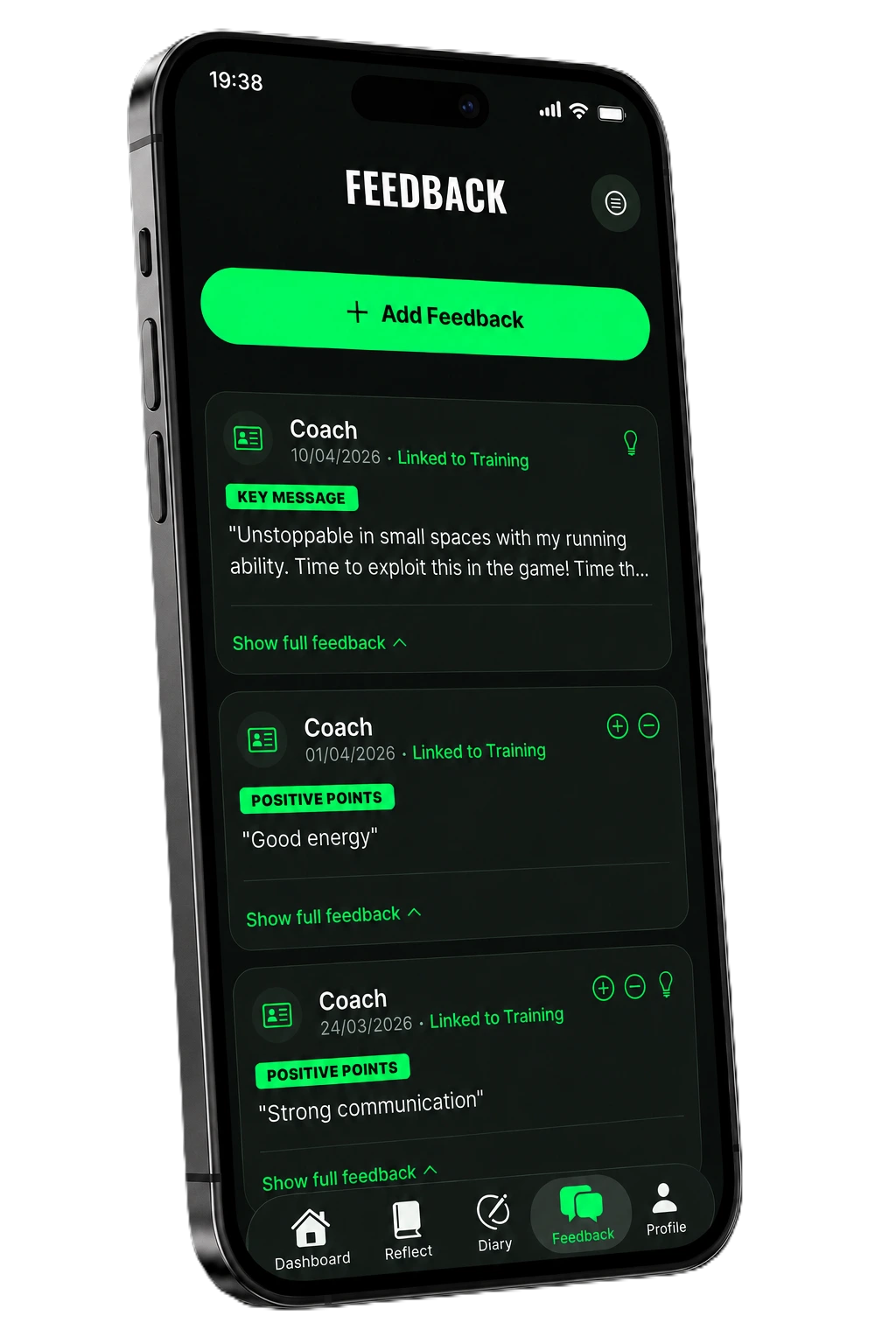 Feedback log with connected coach messages and positive points