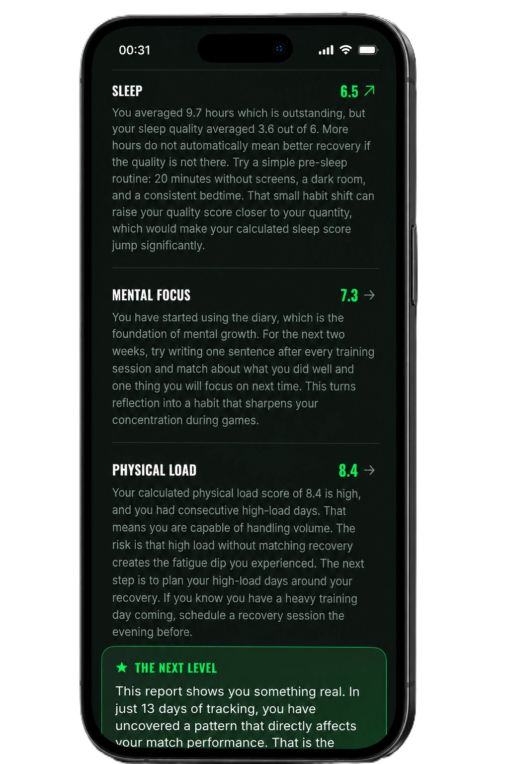 Personalised performance report combining sleep, mental focus and physical load